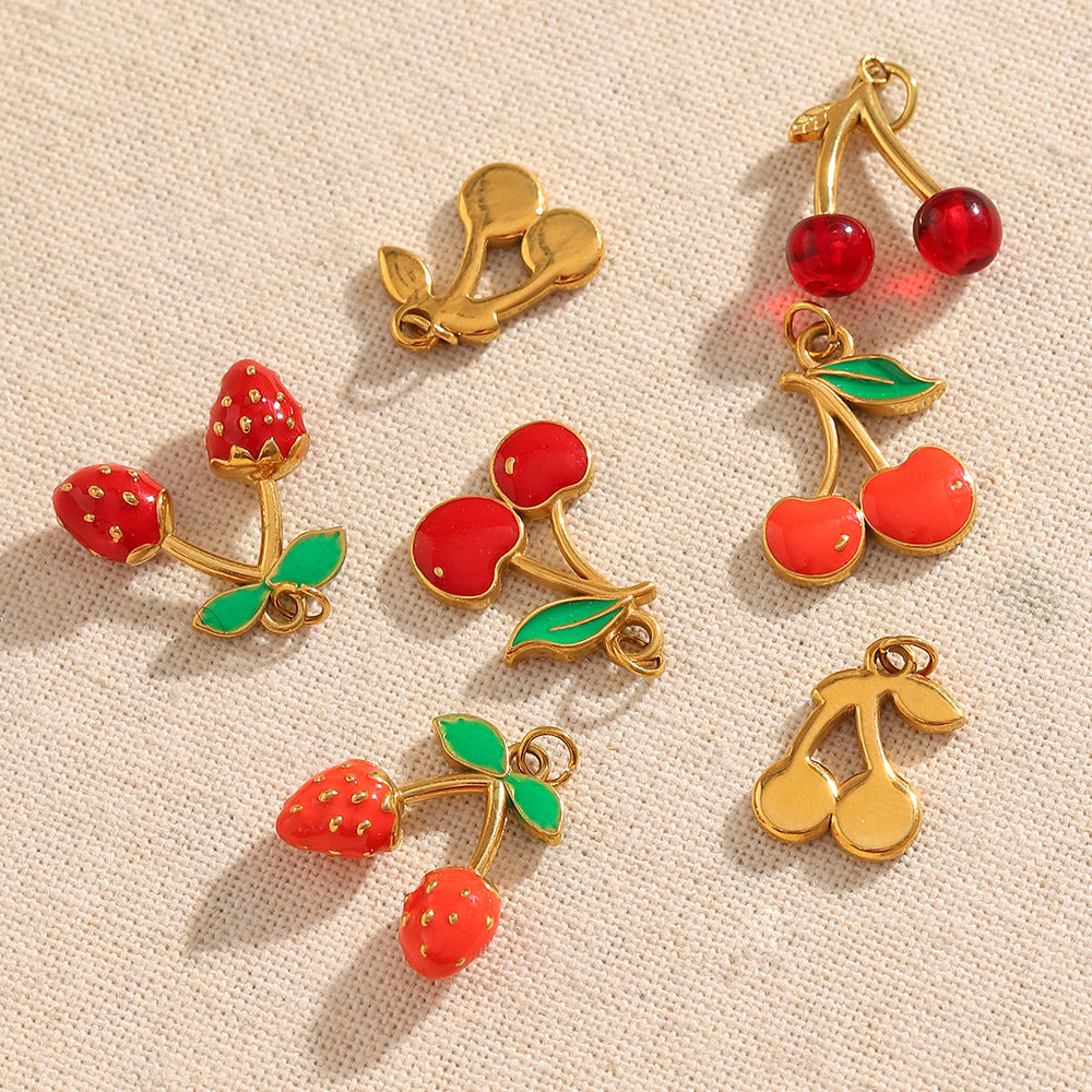 18K Gold Plated Drip Oil Stainless Steel Fruit Cherry Strawberry Charm Bar