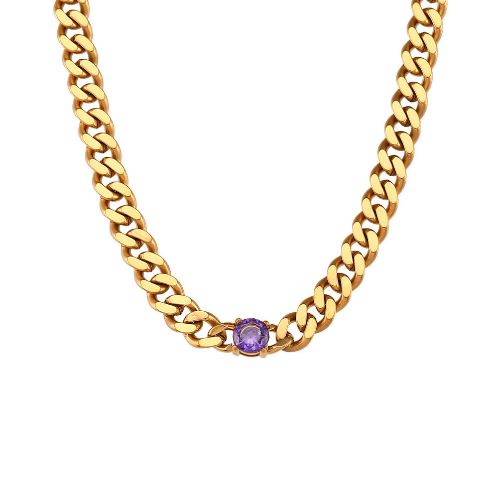 Fashion Geometric 18K Gold Plated Stainless Steel Cuban Chain Necklace with Round Zircon for Women