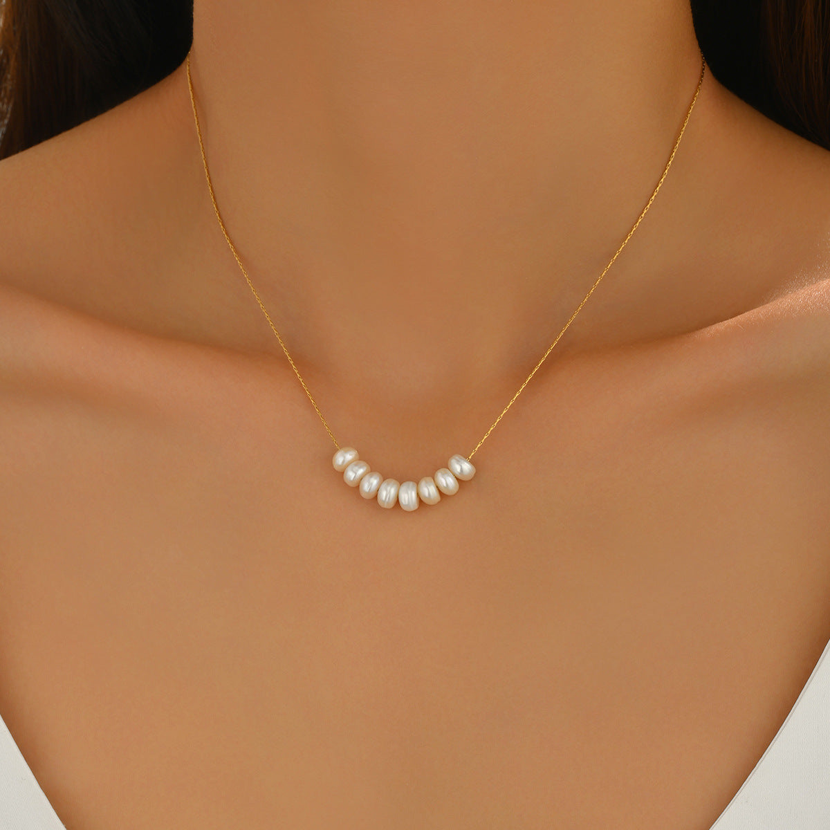 Collana Lunga con Ciondolo Geometrico con Intarsio di Perle d'Acqua Dolce in Rame per Donna, alla Moda Minimalista