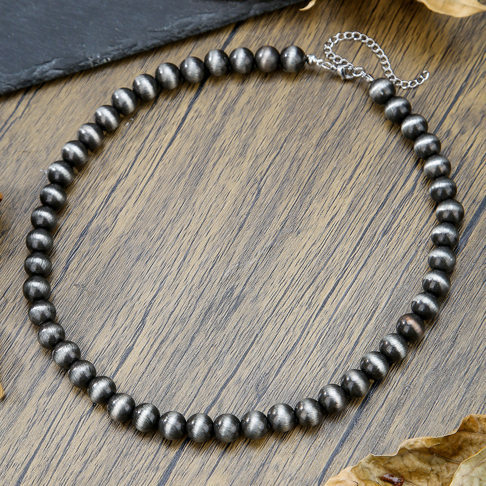 Vintage Western Geometric Brushed Stainless Steel Beaded Necklace with Imitation Pearl and Black Flash Beads