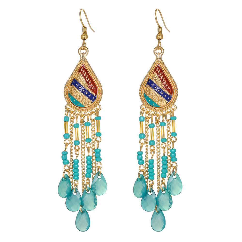 Bohemian Ethnic Teardrop Geometric Seed Bead Tassel Alloy Plated Earrings for Unisex