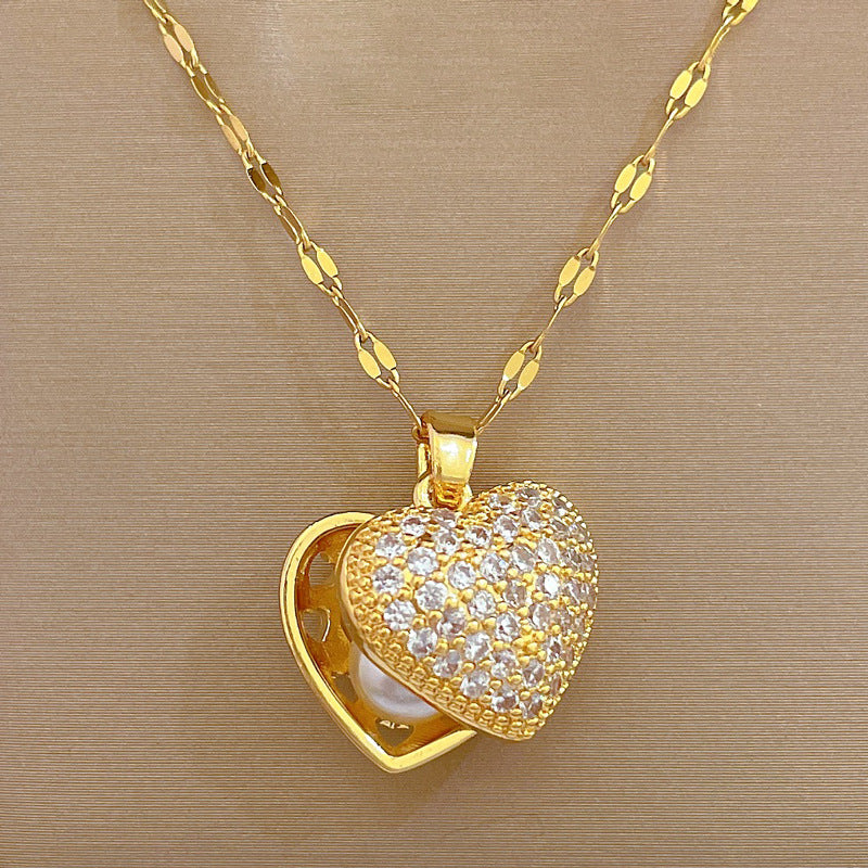 Collana con pendente a cuore in acciaio al titanio di lusso con perle e conchiglie per uomo e donna