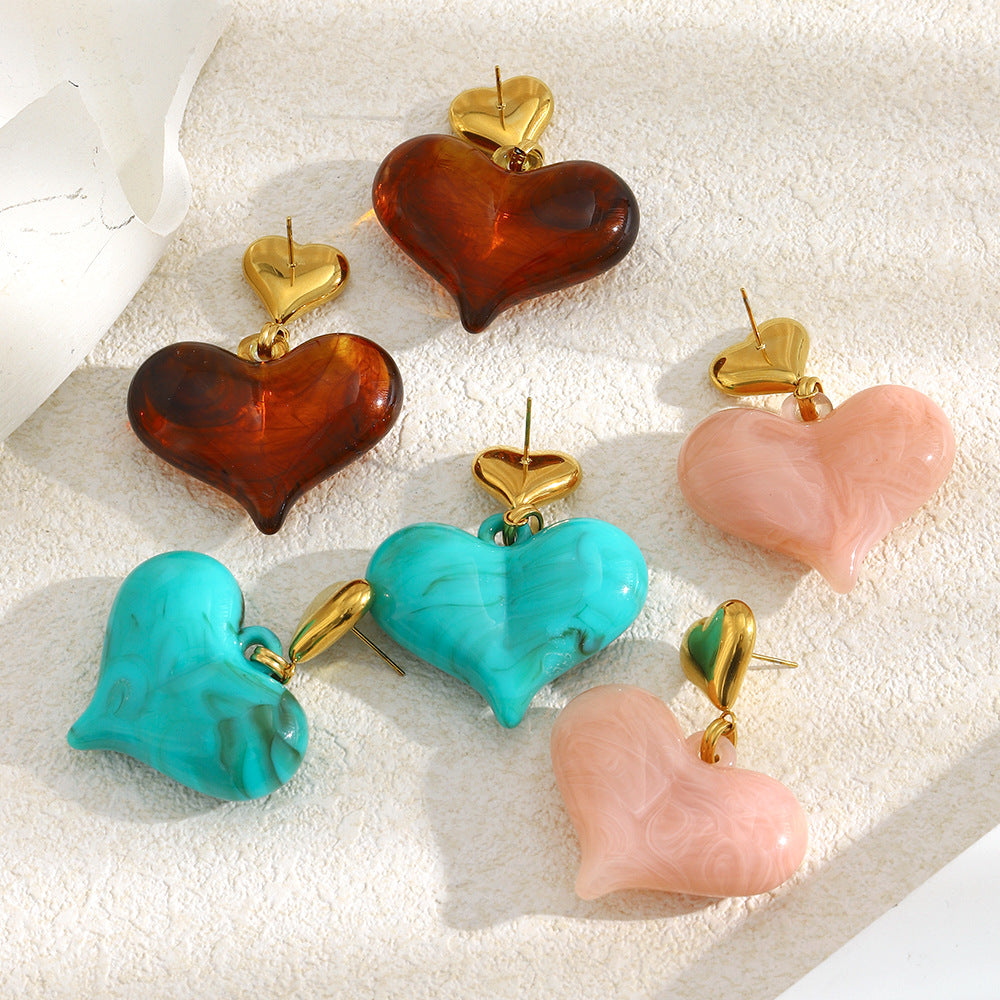 Vintage 18K Gold Plated Stainless Steel and Acrylic Heart Earrings