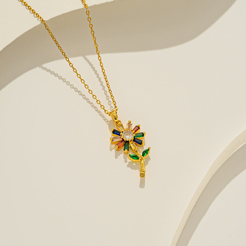 Collar Colgante Floral de Girasol Minimalista para Mujer en Acero de Titanio con Incrustación de Diamantes de Imitación en Cadena O