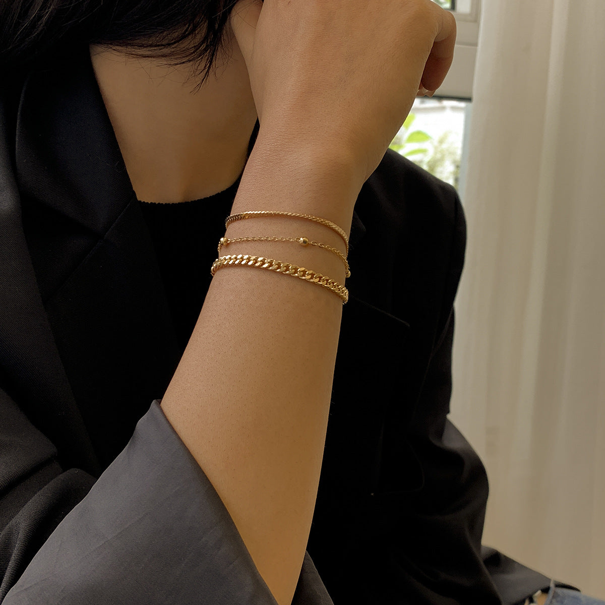 Minimalist Sweet Geometric Round Bead Plated Brass Snake Chain Bracelet Set for Women