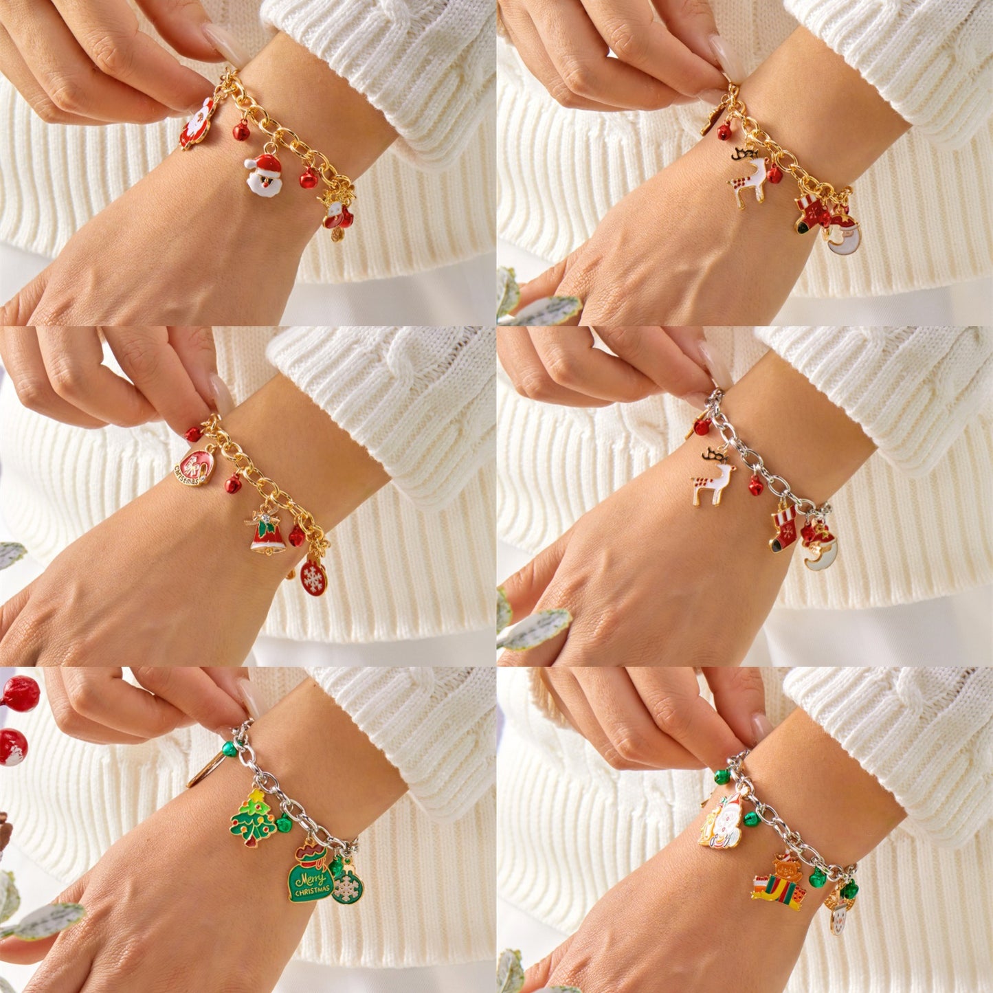Christmas-Themed Charm Bracelet with Santa, Reindeer, Snowflake, and Bell Charms in Gold and Silver Plated Alloy for Unisex Wear