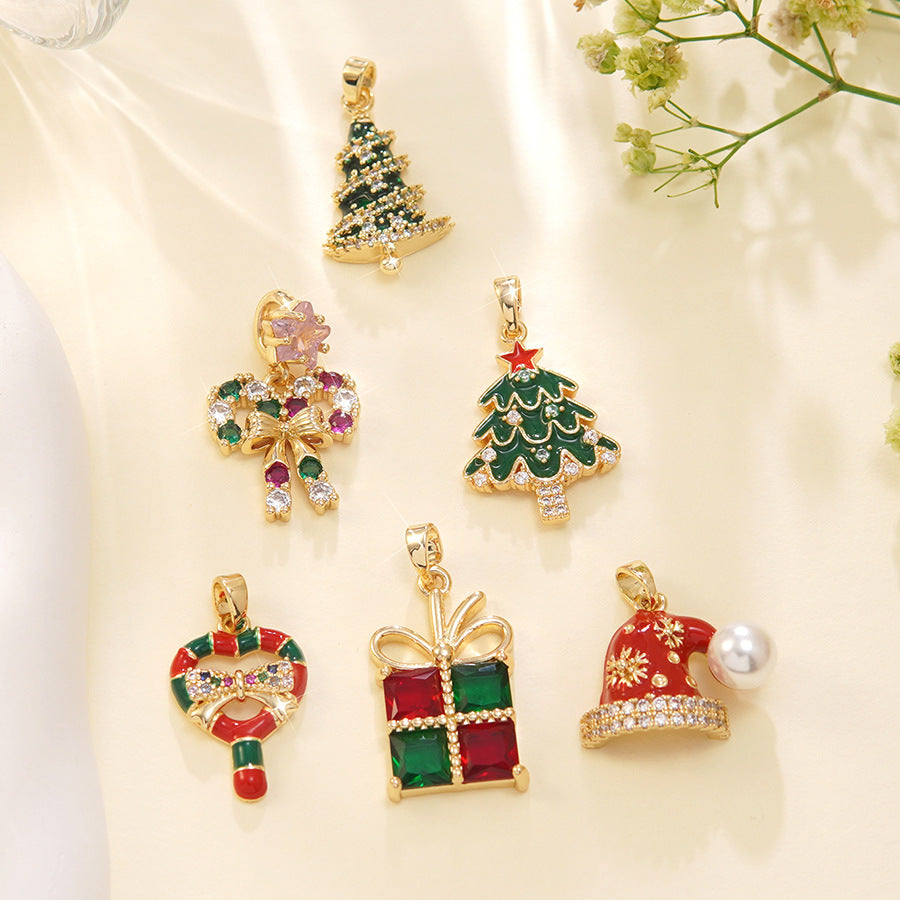 Luxury Stainless Steel Christmas Tree Snowman Bow Necklace with Glass Inlay Brass Pendant for Women
