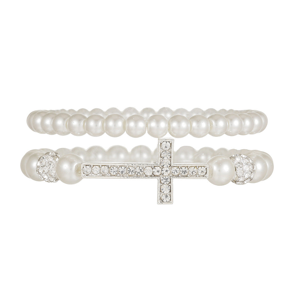 Geometric Cross Round Rhinestone Faux Pearl Alloy Bracelet Set Unisex