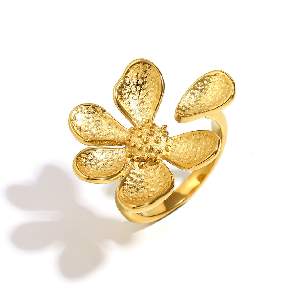 Anillo abierto floral de moda de acero inoxidable con baño de oro de 18 quilates para mujer