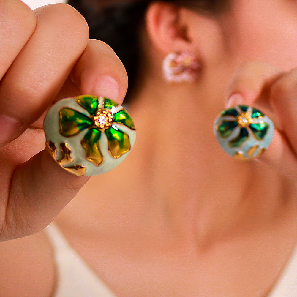 Bohemian Asymmetrical Oval Stainless Steel Earrings with Enamel Floral Pattern and 18K Gold Plating