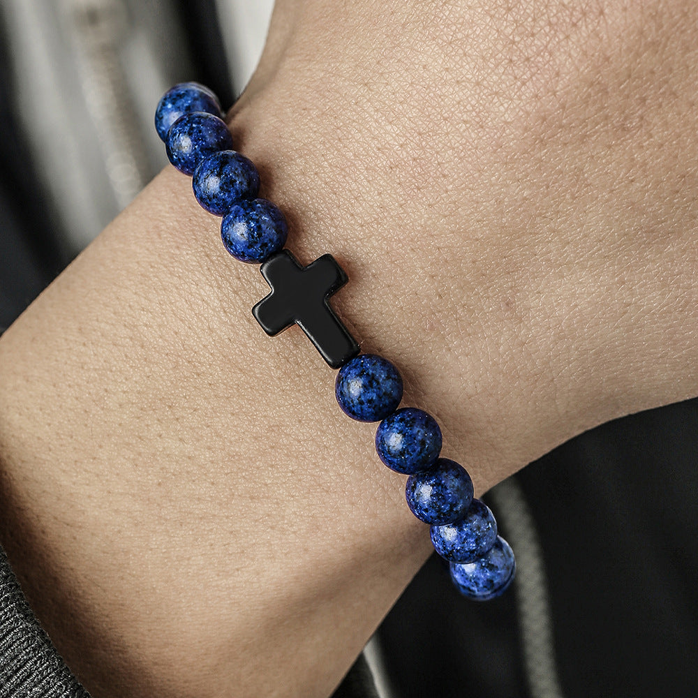 Handmade Geometric Cross Turquoise Tiger Eye Obsidian Lapis Lazuli Beaded Bracelet Unisex