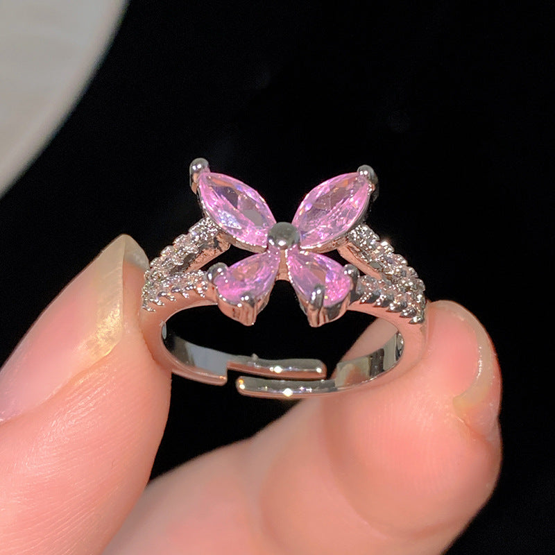 Sweet Cubic Zirconia Inlay Brass Bow Ring for Women