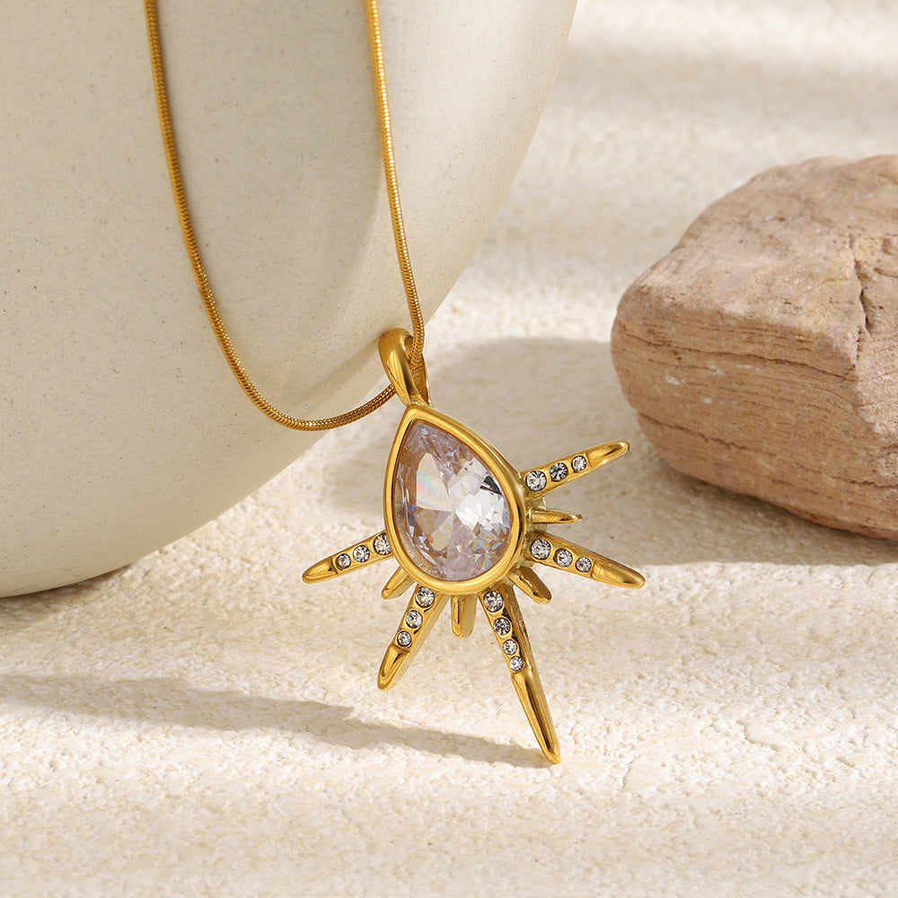Luxury Elegant 18K Gold Plated Teardrop Star Stainless Steel Necklace with Cubic Zirconia for Women