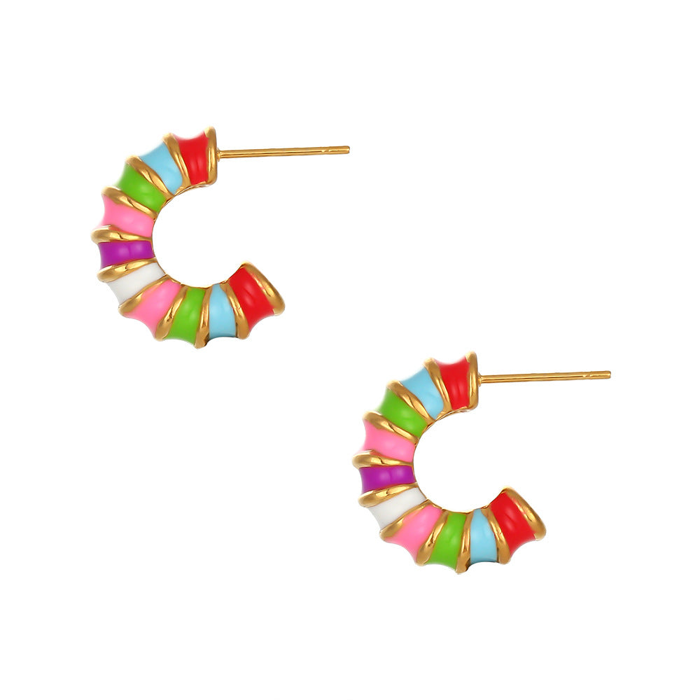 Fashionable Geometric Wheel-Shaped Stainless Steel Earrings with 18K Gold Plating and Enamel Coloring for Women
