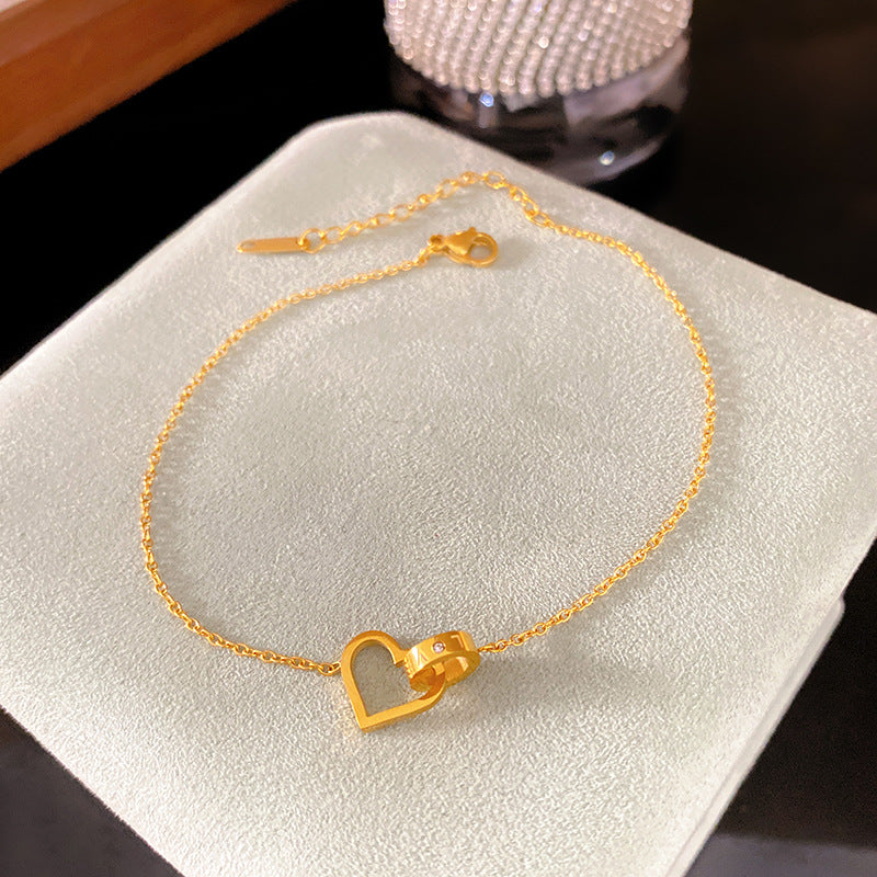Minimalist Titanium Steel Plated Heart Double Ring Bracelet for Women