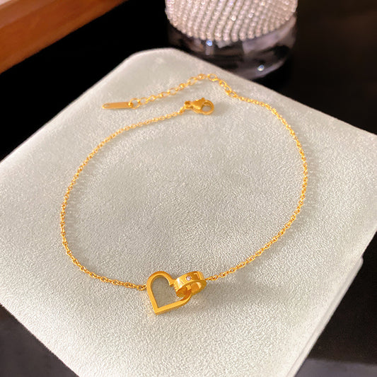 Minimalist Titanium Steel Plated Heart Double Ring Bracelet for Women