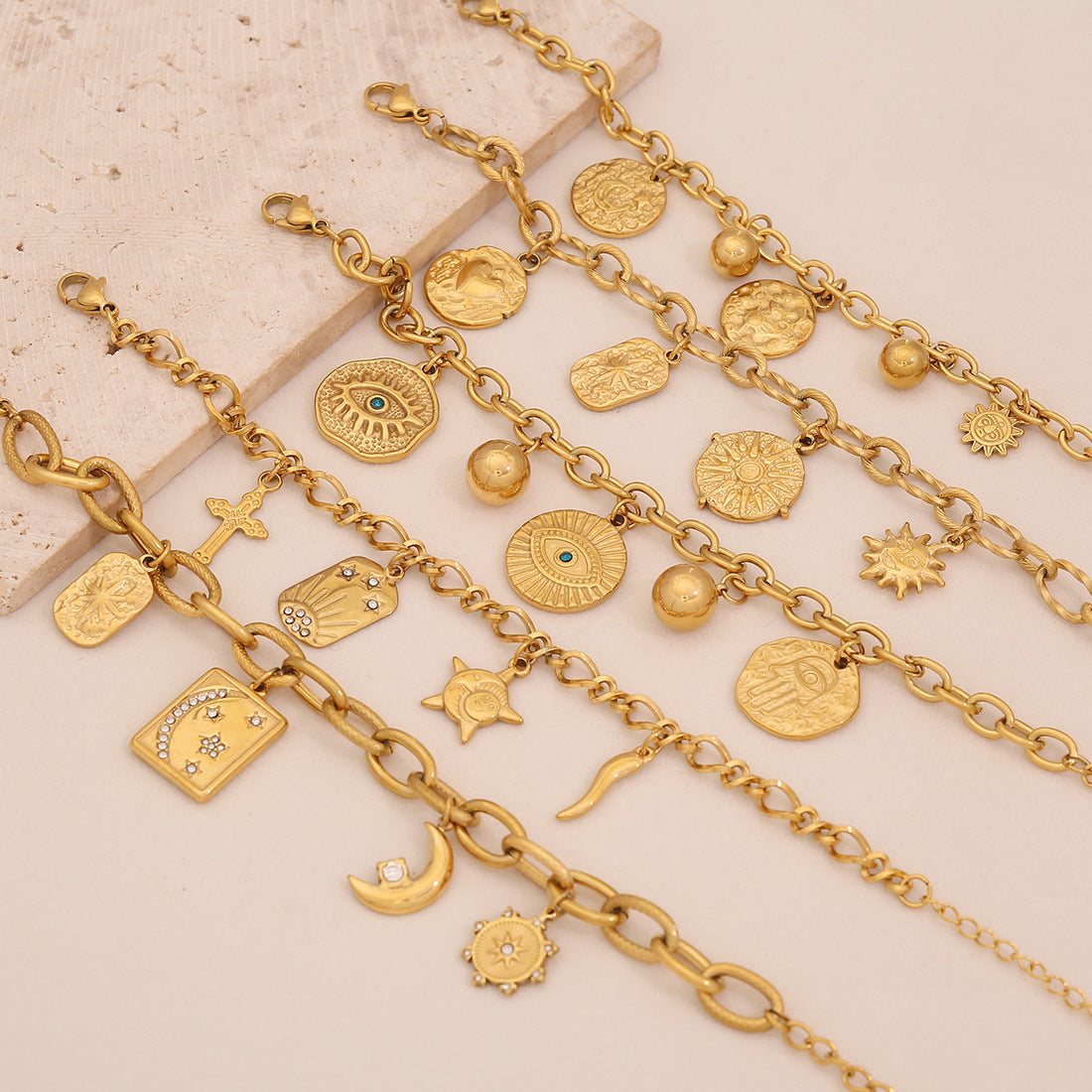 Bracciale in acciaio inossidabile a stella e luna geometriche con finitura galvanica da donna