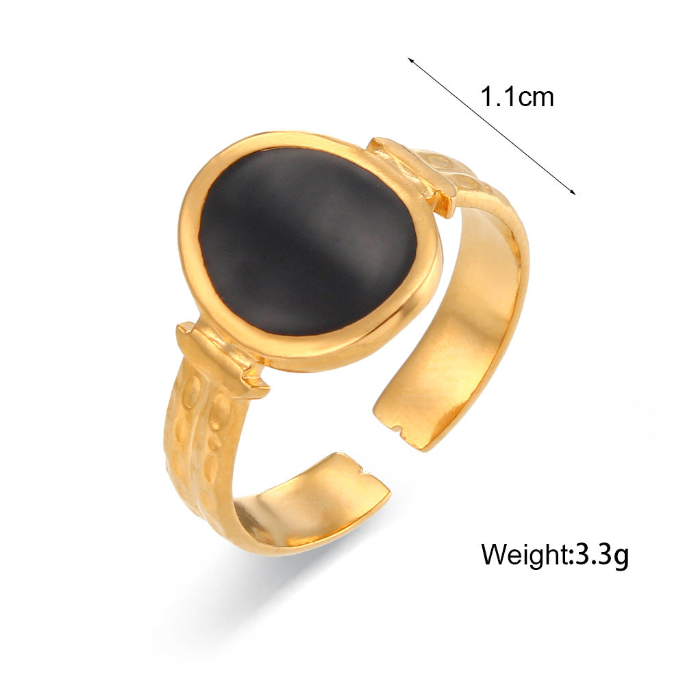 Fashionable Geometric Stainless Steel Ring with Enamel Black and White Sun Moon Star Design Three-Layer Open Band