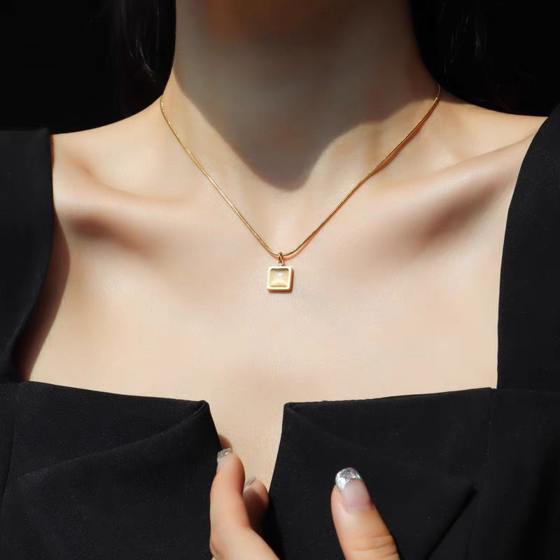 Minimalist Geometric Square Pendant Necklace for Women in Titanium Steel with Snake Chain