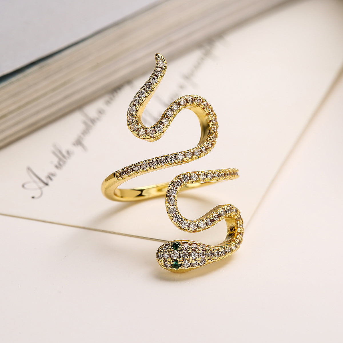 Minimalist Snake-Shaped Geometric Ring for Women in Brass with 18K Gold Plating and Micro-Paved Zircon