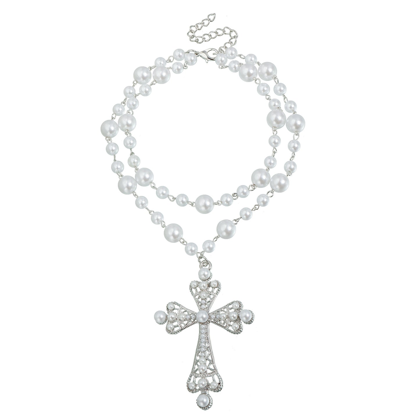 Gothic Streetwear Cross Geometric Alloy Necklace with Imitation Pearl Inlay for Women