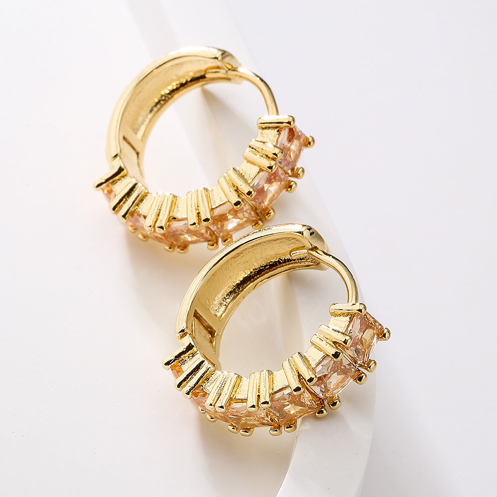 Minimalist Geometric Copper Hoop Earrings with 18K Gold Plating and Zircon Accents for Women