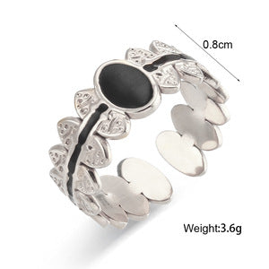 Fashionable Geometric Stainless Steel Ring with Enamel Black and White Sun Moon Star Design Three-Layer Open Band