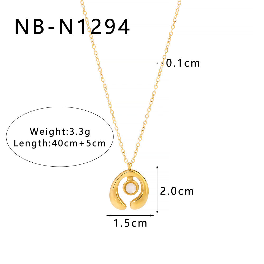 Minimalist Geometric Double-Sided Heart Pendant Necklace in Stainless Steel with Pearl and Abalone Inlay, Vacuum-Plated 18K Gold Finish