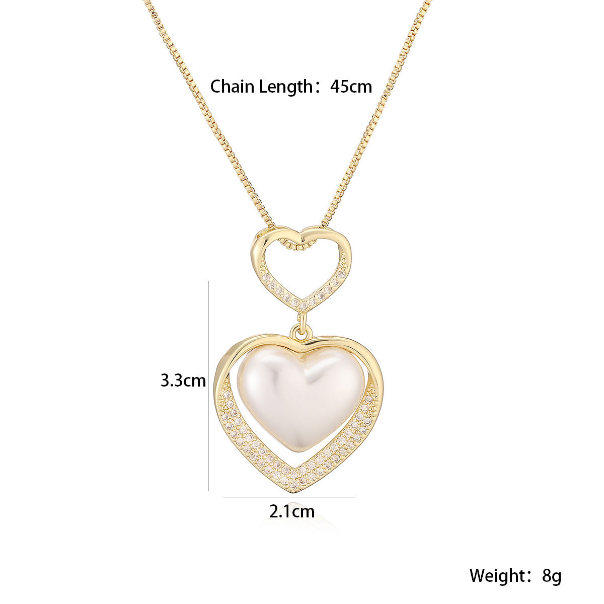 Minimalist Elegant 18K Gold Plated Brass Heart Cubic Zirconia Pendant Necklace and Earring Set with Box Chain for Women