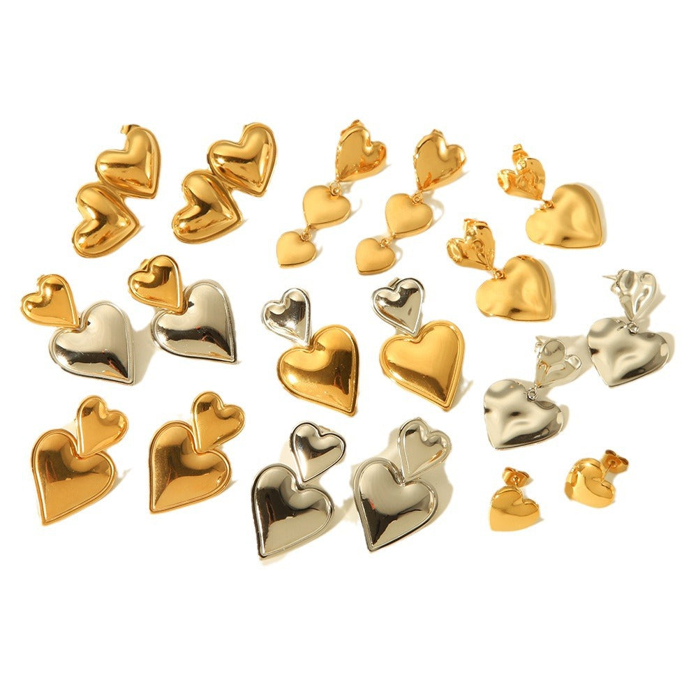 INS Style Heart-Shaped Titanium Steel Earrings with 18K Gold Plating, Stainless Steel Posts, Hypoallergenic and Fade-Resistant for Women