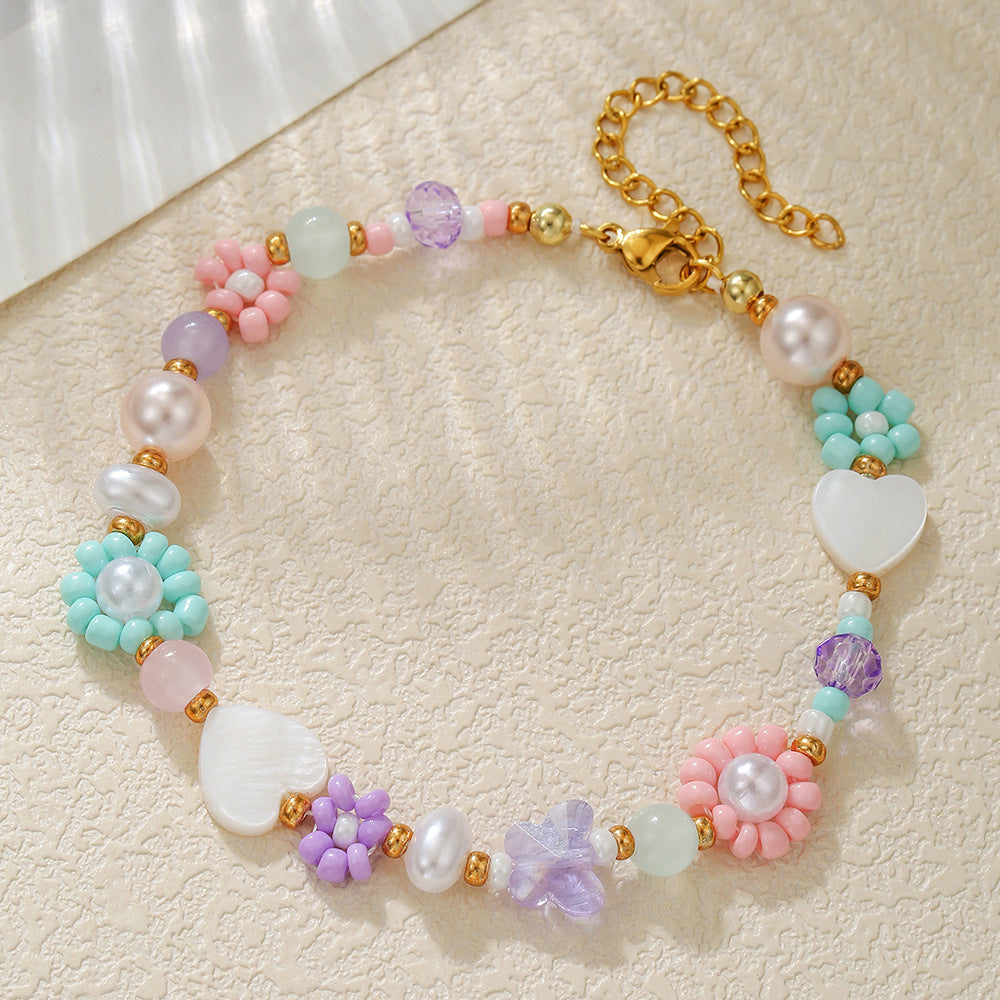 Vintage Handmade Geometric Floral Glass Bead and Pearl Bracelet for Women