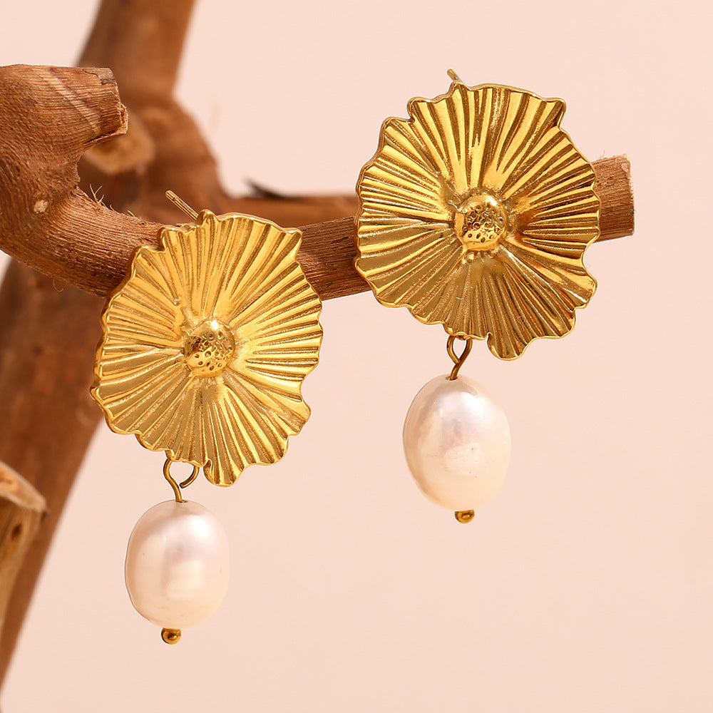 Orecchini da donna in acciaio inossidabile placcato oro 18K con perle, stile geometrico vintage francese