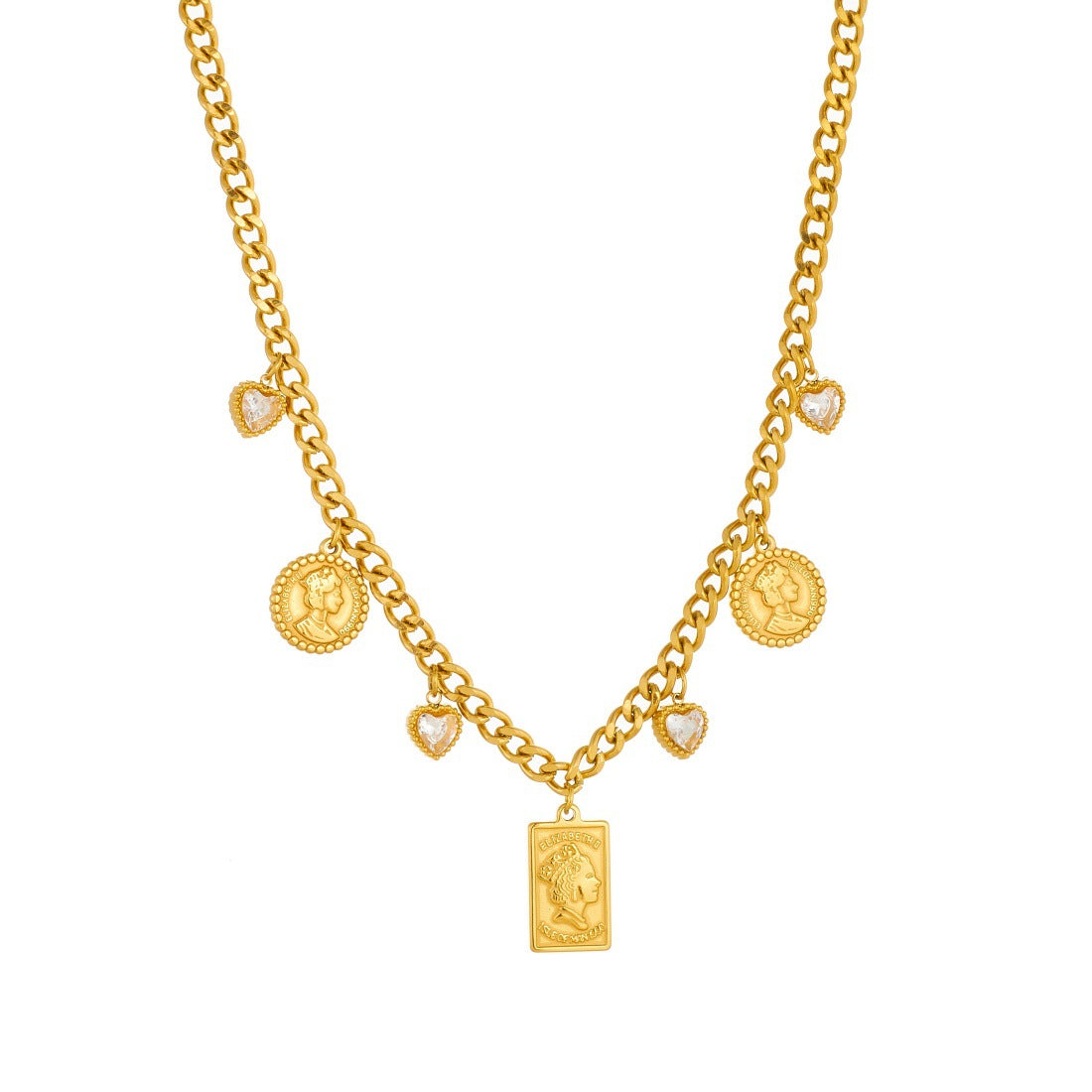 Vintage Gold Plated Geometric Heart Rhinestone Portrait Relief Pendant Necklace for Women