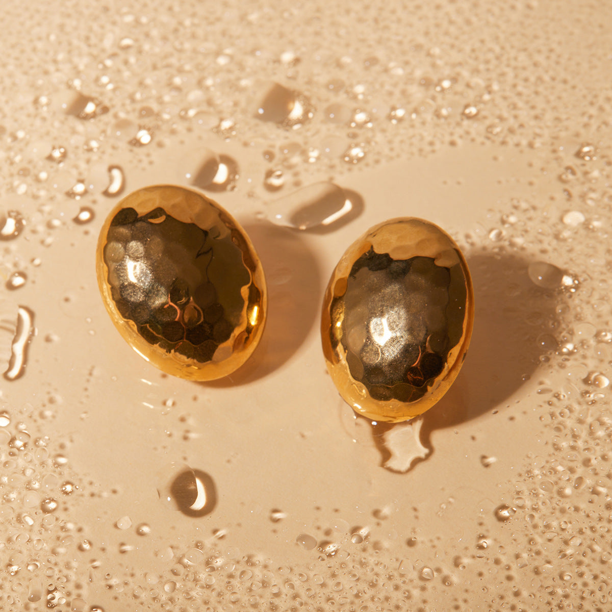 Ins Style 18K Gold Plated Hammered Mosaic Oval Earrings for Women