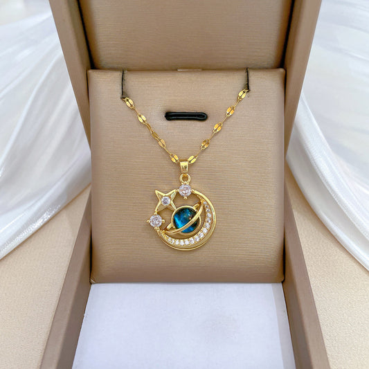 Luxury Sweet Fresh Geometric Moon Pendant Necklace Titanium Steel Chain for Unisex