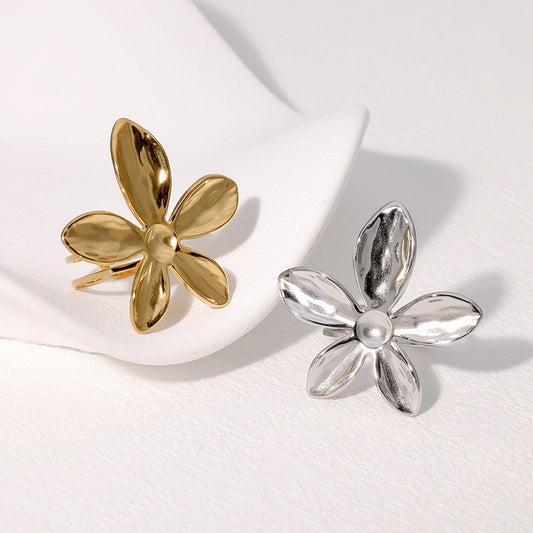 Anillo Ajustable Floral Minimalista de Acero Inoxidable para Mujer con Acabado Chapado