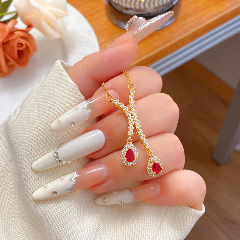 Elegant Luxury Micro-Inlaid Cubic Zirconia Fruit Shape Titanium Steel Necklace with Bamboo Chain