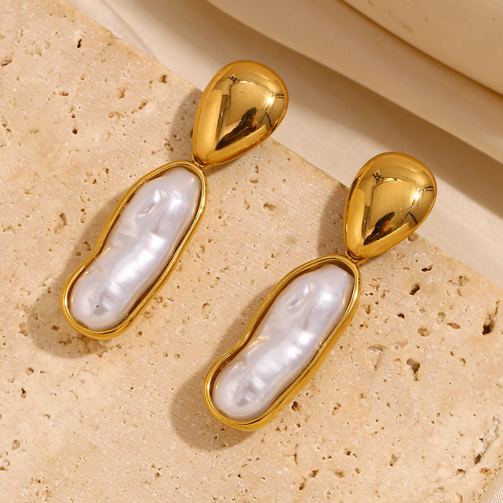 Pendientes Largos de Acero Inoxidable con Diseño Geométrico Vintage, Chapados en Oro de 18K y Acento de Perlas