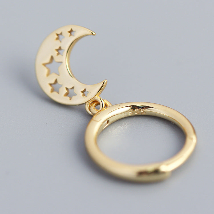 Orecchini a cerchio Sweet Minimalist con motivo geometrico a stella e luna, in argento sterling 925