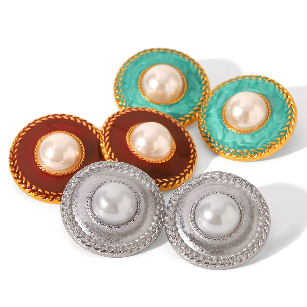Vintage French Palace Style Geometric Stainless Steel Enamel Earrings with Pearl Inlay for Women