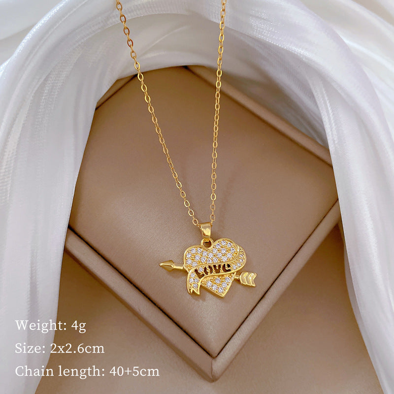 Collana di lusso in acciaio al titanio con cuore geometrico, strass e catena a labbra per donne e uomini
