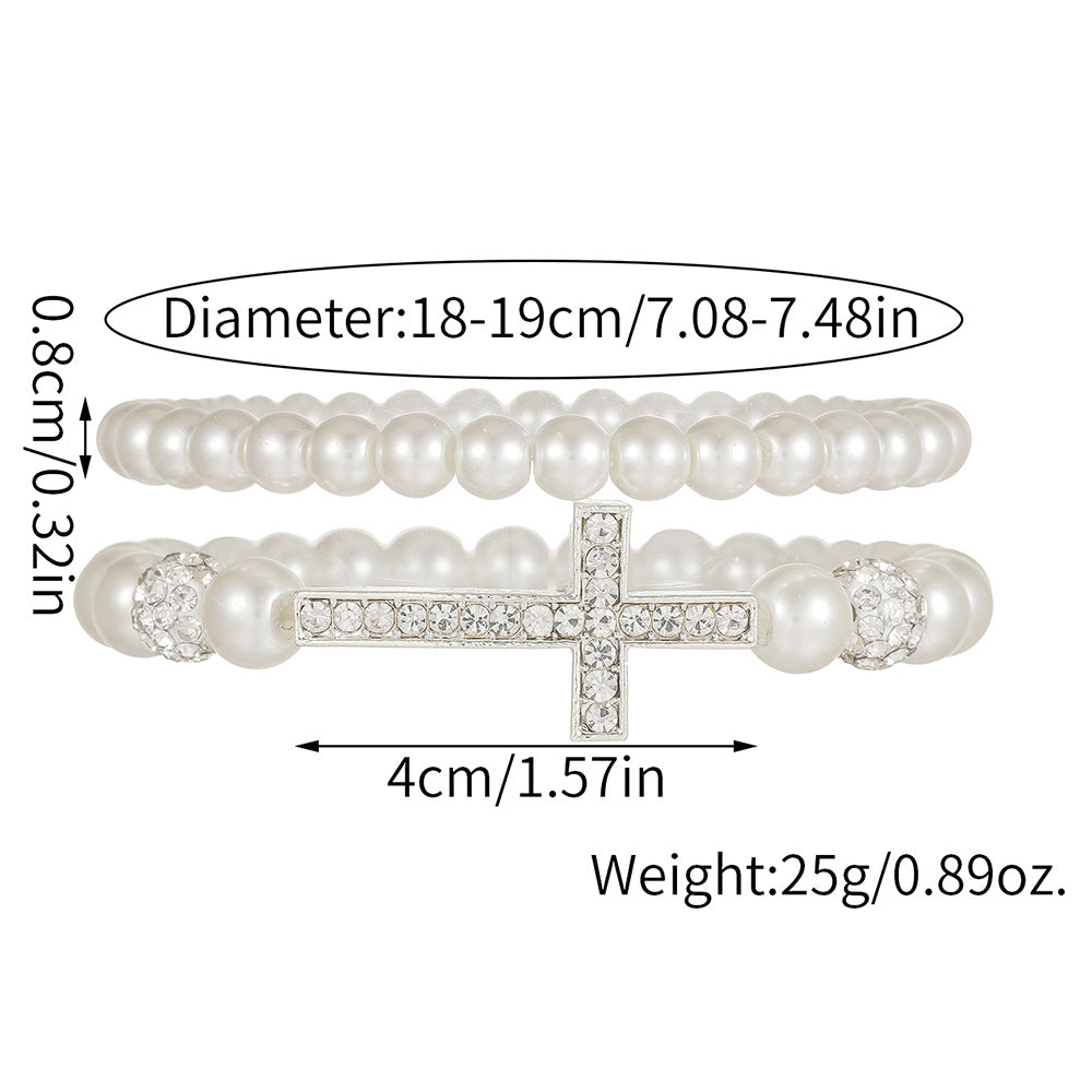 Geometric Cross Round Rhinestone Faux Pearl Alloy Bracelet Set Unisex