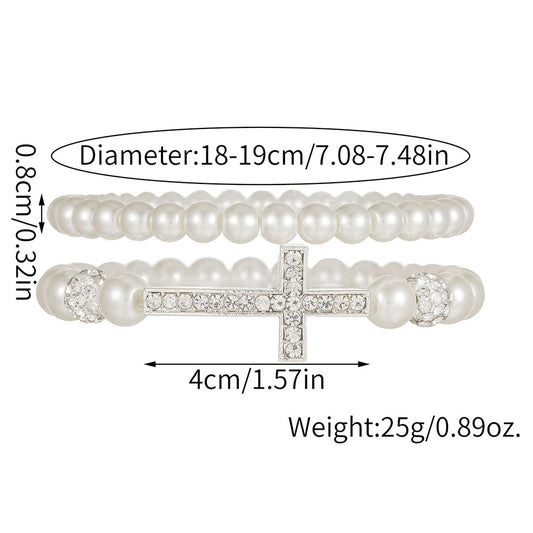 Geometric Cross Round Rhinestone Faux Pearl Alloy Bracelet Set Unisex
