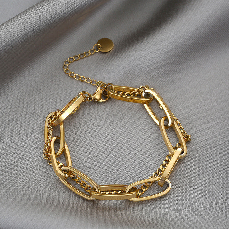 Retro Chic Two-Tone Thick Stainless Steel Bracelet for Women with Gold Plating and Edgy Sweet Style