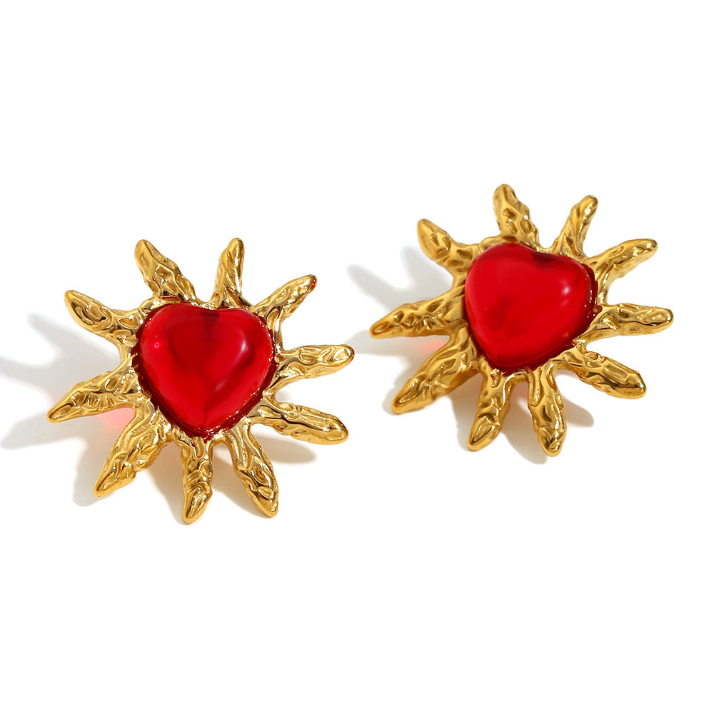 Collana da donna alla moda minimalista a forma di cuore in acciaio inossidabile placcato oro 18 carati con agata rossa e design a raggiera