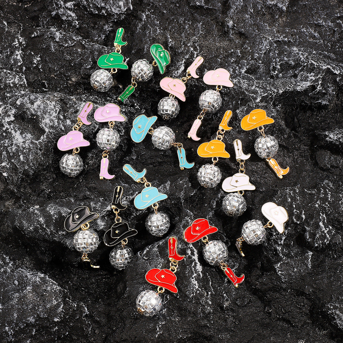 Sweet-Edgy Asymmetrical Oil-Dripped Cowboy Western Style Earrings with Hat and Boot Motifs and Ball Accents in Alloy