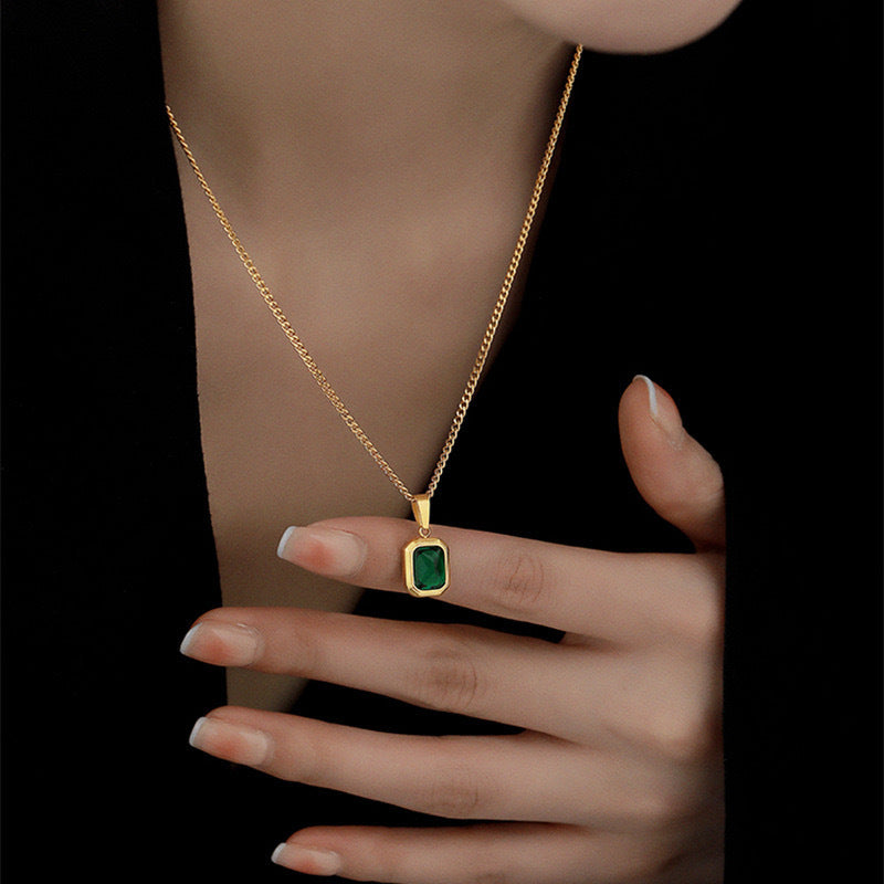Geometric Green Rhinestone Pendant Necklace for Women in Titanium Steel with Plating Finish
