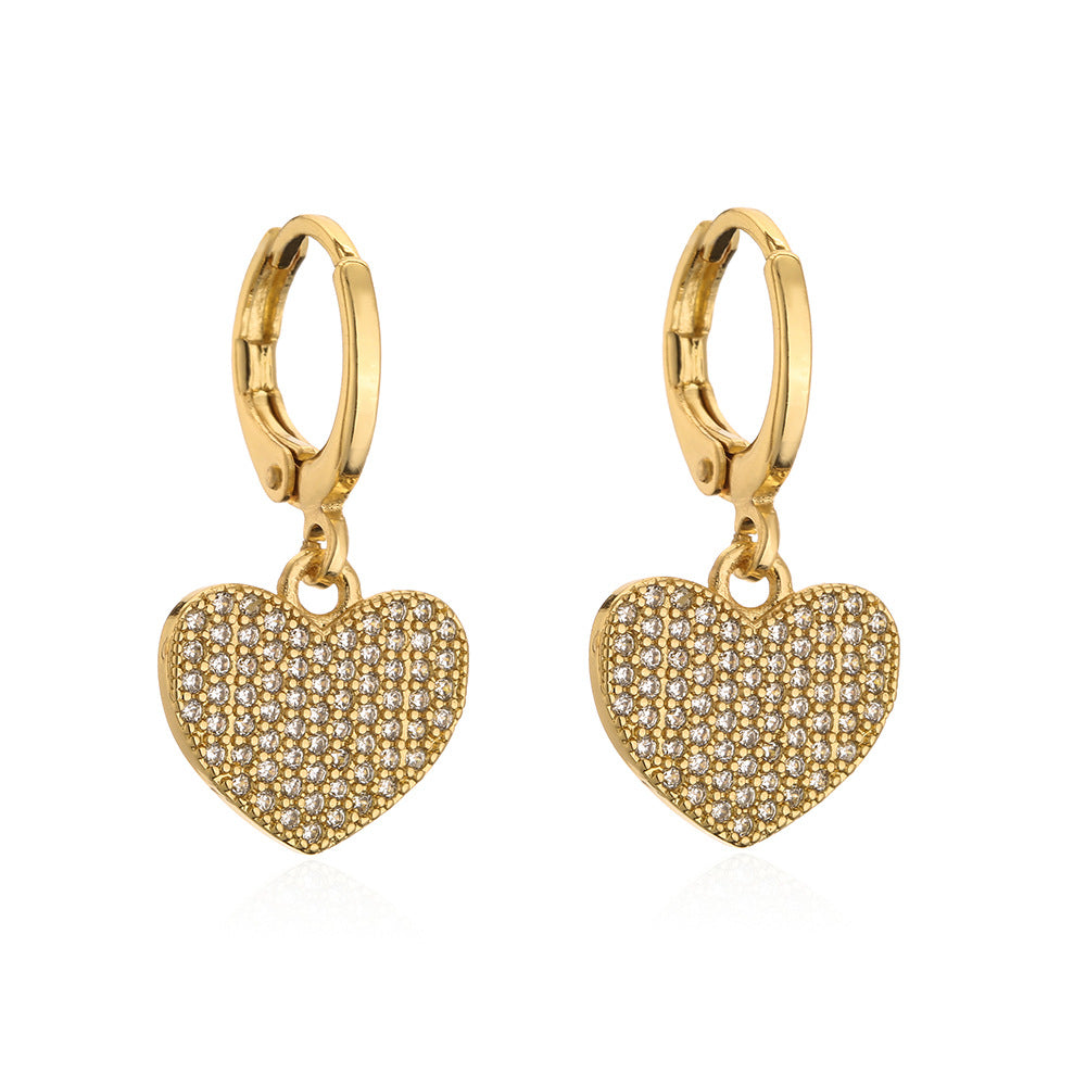 Minimalist Heart-Shaped Copper Earrings with 18K Gold Plating and Zircon Inlay