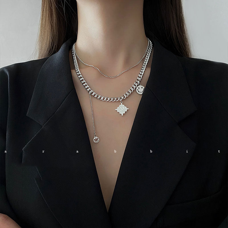 Minimalist Smile Pendant Necklace in Polished Titanium Steel for Women and Men, Geometric Design Layered Clavicle Chain