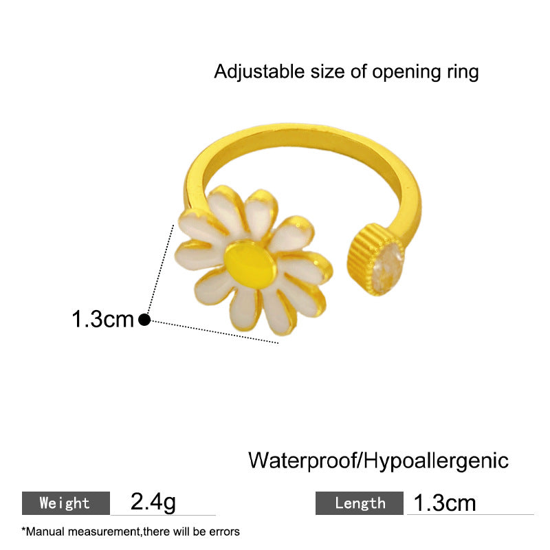 Sweet Minimalist Floral Cubic Zirconia Plated Titanium Steel Adjustable Ring for Women